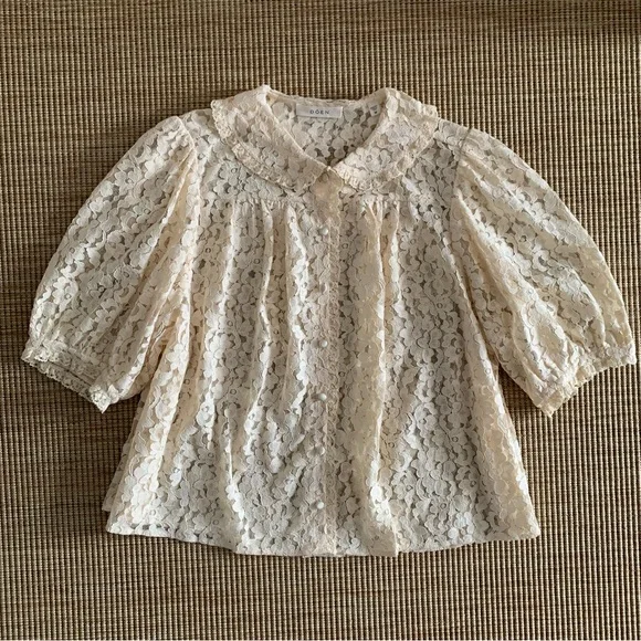 Doen Lenore Lace Collar Button Ruffle Short Sleeve Top Mother of Pearl Cream Tan - Picture 7 of 13
